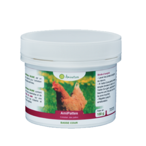 Photo du produit "AmiPattes", un baume pour l'entretien des pattes abîmées chez les poules